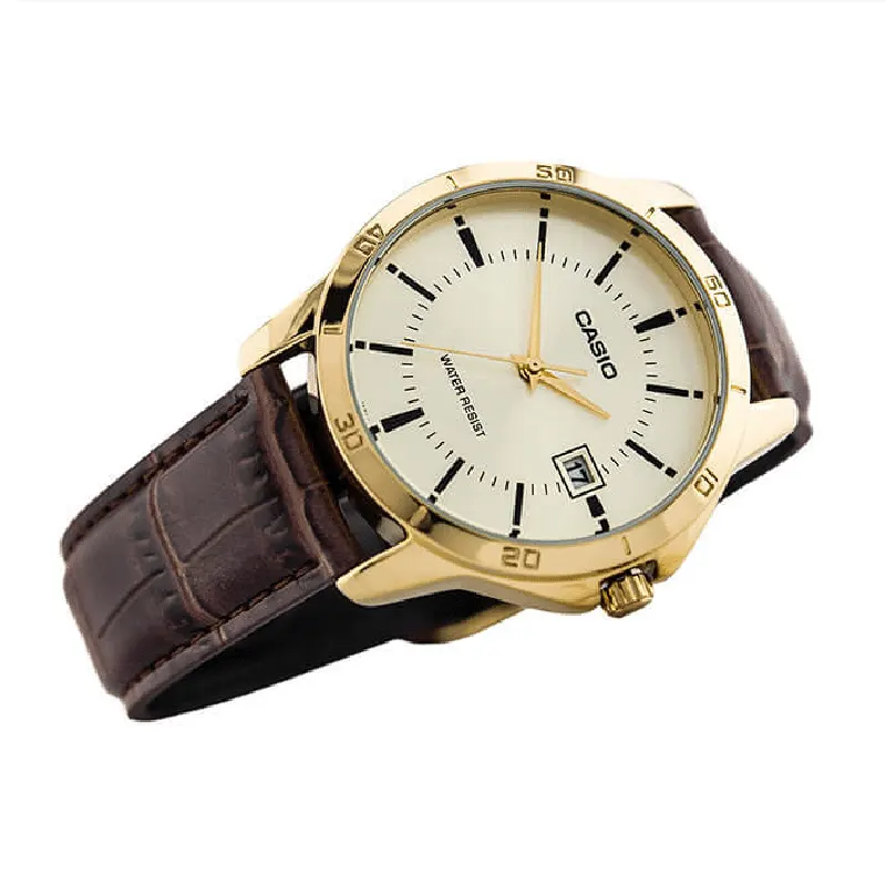 Casio Gold Dial Brown Leather Men's Watch- MTP-V004GL-9A